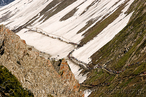 ponies and pilgrims on the trail - amarnath yatra (pilgrimage) - kashmir, amarnath yatra, caravan, glacier, hindu pilgrimage, horses, kashmir, kashmiris, mountain trail, mountains, pilgrims, ponies, snow