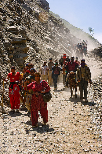 ponies and pilgrims on the trail - amarnath yatra (pilgrimage) - kashmir, amarnath yatra, crowd, hindu pilgrimage, horseback riding, horses, kashmir, kashmiris, mountain trail, mountains, pilgrims, ponies