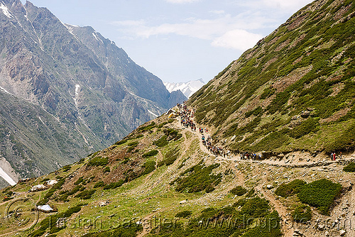 ponies and pilgrims on the trail - amarnath yatra (pilgrimage) - kashmir, amarnath yatra, hindu pilgrimage, horseback riding, horses, kashmir, kashmiris, mountain trail, mountains, pilgrims, ponies