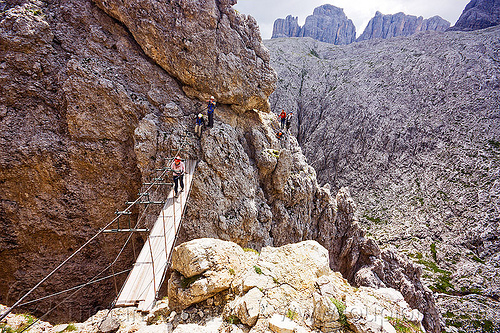 ponte tridentina - footbridge, alps, catwalk, chasm, cliff, climbers, climbing harness, crossing bridge, dolomites, dolomiti, ferrata tridentina, footbridge, mountain climbing, mountaineer, mountaineering, mountains, ponte tridentina, rock climbing, suspension bridge, vertical, via ferrata brigata tridentina