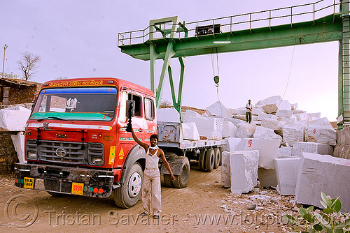 portal crane in white marble quarry (india), blocks, gantry crane, lorry, marble stone, portal crane, road, tata motors, truck