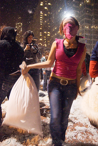 pretty girl with pink bandana at the great san francisco pillow fight 2008, bandana, down feathers, face mask, night, pillows, pink, woman, world pillow fight day