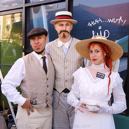 prim queer tea party - folsom street fair 2007 (san francisco), graffiti, nose piercing, red hair, redhead, straw hats, victorian fashion, victorian period, woman