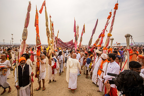 procession with ceremonial poles near the sangam - kumbh mela 2013 (india), babas, ceremony, crowd, hindu pilgrimage, hinduism, kumbh mela, men, poles, rows, sadhu, triveni sangam, vasant panchami snan
