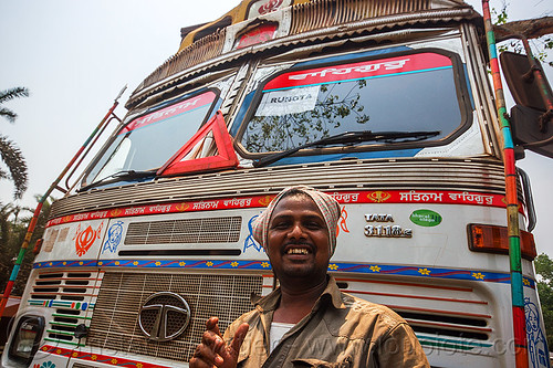 proud sikh truck driver with his truck (india), lorry, man, sikh, tata motors, truck driver