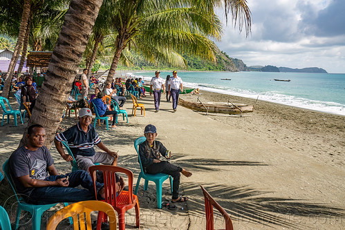 pulau dua beach, beach, chairs, men, pantai, poeple, police officers, pulau dua, sea, sitting, trees, village