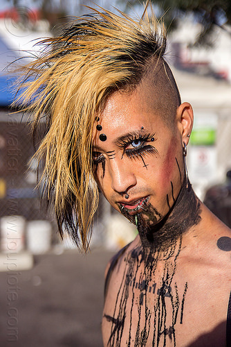 punk style makeup, bindis, color contact lenses, color contacts, cyber bites piercing, darik, derrick demolition, eyebrow piercing, fashion, lip piercing, man, punk, snake bites piercing, special effects contact lenses, theatrical contact lenses