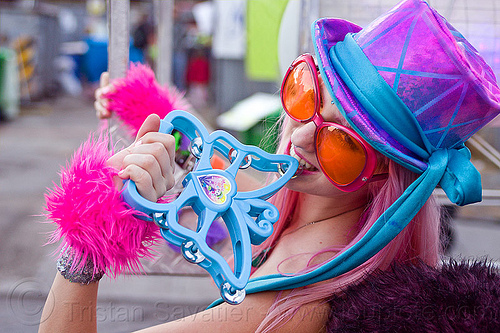 purple blue hat - butterfly tambourine, blue, butterfly tambourine, fashion, furry, fuzzy, plastic tambourine, purple hat, raver, tamra, woman