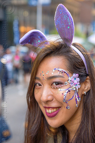 purple bunny ears headband - face paint - how weird street faire (san francisco), bunny ears, face paint, face painting, headband, purple, woman
