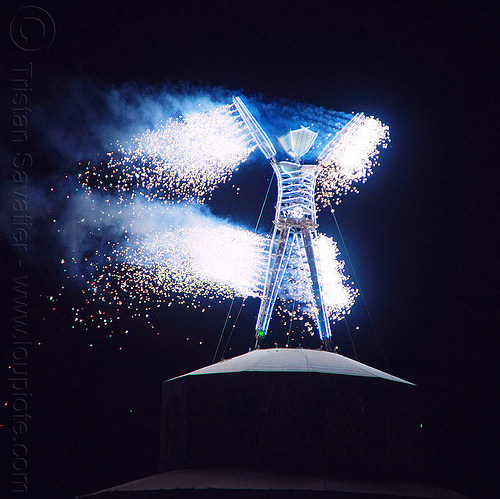 pyrotechnics - burning man 2012, burning man, fire, fireworks, night of the burn, pyrotechnics, sparks, the man