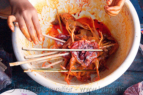 quails on a stick (laos), brochette, kebab, poultry, quails, raw meat, street market, street seller