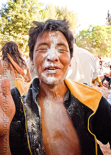quechua indigenous guy with white talk powder - carnaval de tilcara (argentina), andean carnival, argentina, man, noroeste argentino, quebrada de humahuaca, talk powder, tilcara