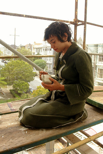 rachel shank on scaffolding, coffee, cup, morning, rachel shank, scaffolding