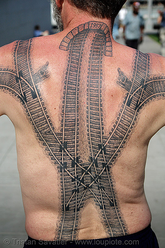 railroad back tattoo - rail tracks switches - backpiece, back tattoo, backpiece, darryl, full body tattoos, rail tracks, railroad switch, railroad tattoo, railroad tracks, railway tracks, skin, tattooed, train tattoo, train tracks, tunnel