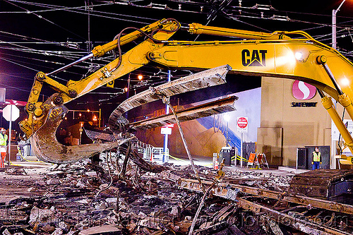 railroad demolition - removing old rails, at work, bucket attachment, demolition, excavator bucket, light rail, muni, night, ntk, overhead lines, railroad construction, railroad tracks, railway tracks, san francisco municipal railway, track maintenance, track work, working