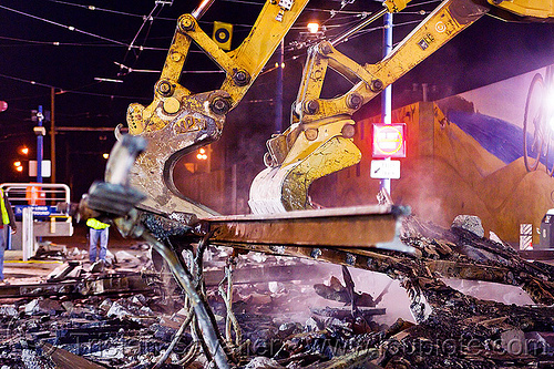 railroad demolition - removing old tracks, at work, bucket attachment, demolition, excavator bucket, excavators, light rail, muni, night, ntk, railroad construction, railroad tracks, railway tracks, san francisco municipal railway, track maintenance, track work, working