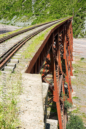 railroad guard rails on viaduct, argentina, guard rails, metric gauge, narrow gauge, noroeste argentino, rail bridge, railroad bridge, railroad tracks, railroad viaduct, railway tracks, rio toro, river, safety rails, single track, steel, tren a las nubes, truss, viaducto del toro