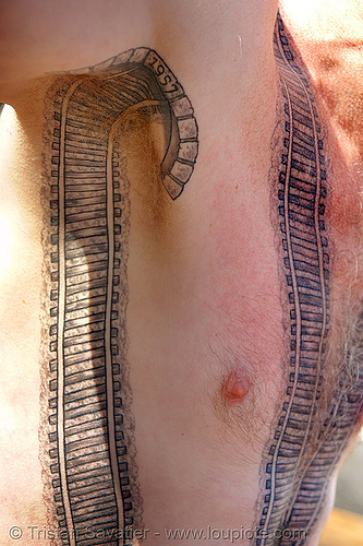 railroad tattoo - armpit tunnel, chest tattoo, darryl, full body tattoos, rail tracks, railroad switch, railroad tattoo, railroad tracks, railway tracks, skin, tattooed, torso, train tattoo, train tracks, tunnel