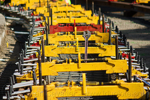 railroad track construction, alignment tools, duboce, light rail, muni, ntk, rail jacks, railroad construction, railroad tracks, railway tracks, san francisco municipal railway, track jacks, track maintenance, track work, wrench, yellow