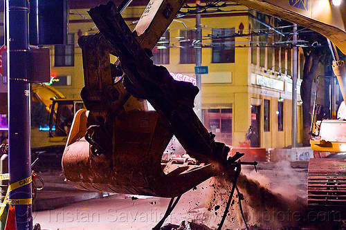 railroad track demolition, at work, bucket attachment, demolition, excavator bucket, light rail, muni, night, ntk, railroad construction, railroad tracks, railway tracks, san francisco municipal railway, track maintenance, track work, working