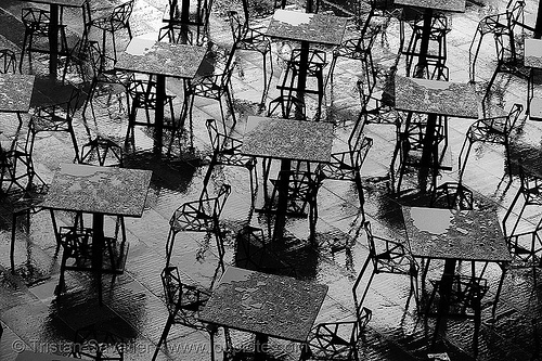 rain on black metal tables, chairs, rain, tables