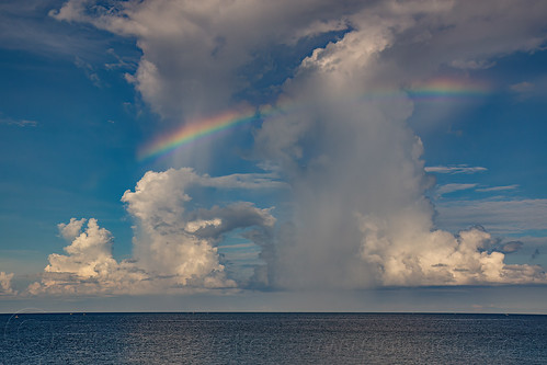 rainbow and cumulus clouds over the ocean, bira beach, clouds, horizon, landscape, ocean, pantai bira, rainbow, sea, seascape