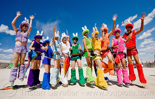 rainbow bunnies - burning man, attire, bad idea theater, bunny ears, burning man outfit, costumes, jump shot, rainbow bunnies, rainbow colors, rainbow rabbits, wainbow wabbits