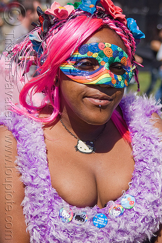 rainbow carnival mask, carnival mask, gay pride festival, hello kitty, lip piercing, pink hair, pink wig, rainbow colors, woman