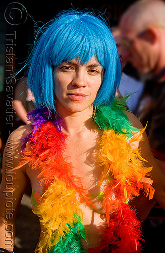 rainbow feathers - folsom street fair 2008 (san francisco), blue hair, blue wig, feathers, rainbow colors, woman