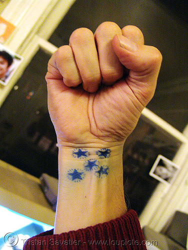 raised fist with stars, arm, clenched fist, closed fist, five, hand, man, power, self portrait, skin, stars, tattooed, tattoos