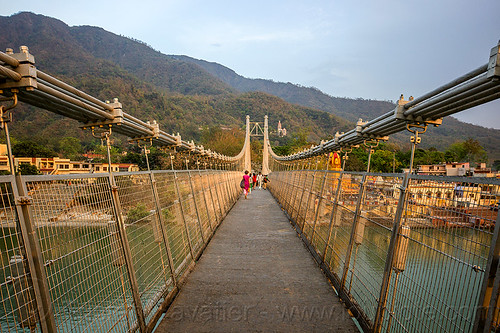 ram jhula suspension bridge over ganges river in rishikesh (india), cables, footbridge, ganga, ganges river, hills, ram jhula, rishikesh, steel, suspension bridge, vanishing point