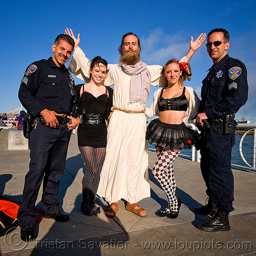 randal, natasha, catie and two sfpd police officers - superhero street fair (san francisco), catie, cops, islais creek promenade, man, natasha, police, randal smith, sfpd, superhero street fair, uniform, woman