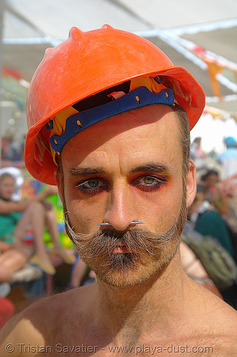 randal the furtographer - burning-man 2006, beard, eye makeup, man, mustache, nose piercing, safety helmet, septum piercing