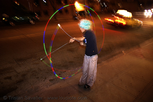 rave lights - poitoi spinning light poi in the street (san francisco), fire poi, glowing, hat, led lights, light poi, night, poitoi, rave lights, raver outfits, raving, spinning light
