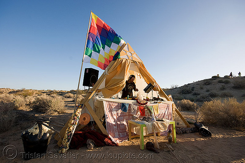 rave party in the desert, dj, flag, music