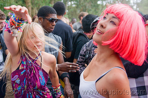 raver girls dancing, asian woman, dancing, party, pink wig, raver