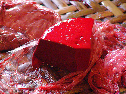 raw blood cake on market stand (vietnam), blood cake, blood pudding, caked blood, cho hang da market, coagulated blood, hanoi, phồ hàng da, raw blood, red, vietnam