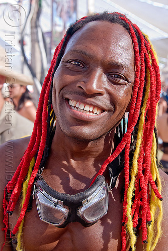 red and yellow dreadlocks - damon knight, african american man, black man, dreadlocks, goggles, red