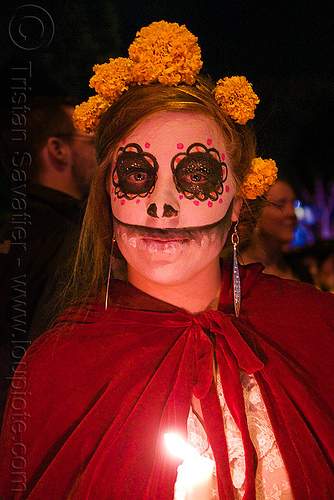 red cape - dia de los muertos - halloween (san francisco), candle light, day of the dead, dia de los muertos, face painting, facepaint, halloween, night, orange flowers, orange marigold, red cape, sugar skull makeup, tagetes, woman