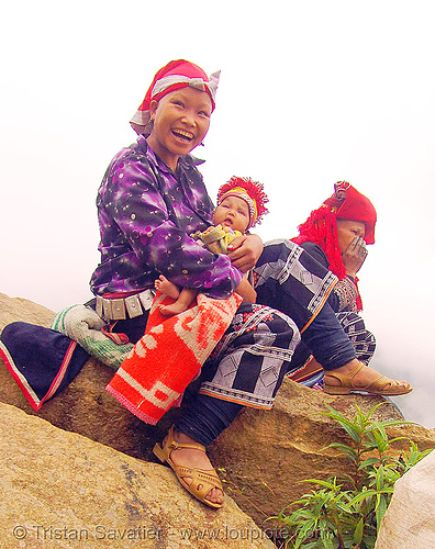 red dao tribe mother and child - vietnam, asian woman, asian women, baby, child, colorful, dzao tribe, girls, headdress, hill tribes, indigenous, infant, mother, red dao tribe, red zao tribe, yao tribe