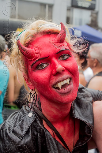 red devil makeup - horns - fangs, blonde, devil horns, face paint, face painting, fake horns, fangs, make-up, prosthetic horns, red devil, woman