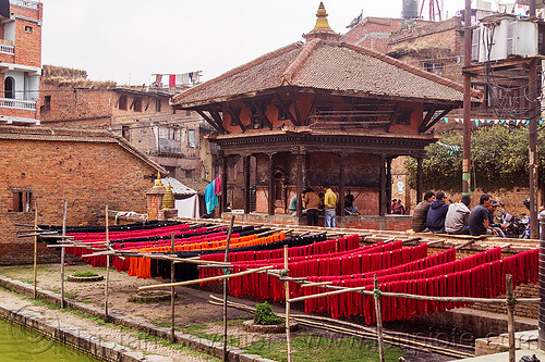 red dyed cotton skeins drying on sticks (nepal), bhaktapur, drying, dyed, hinduism, pati, red, shrine, skeins