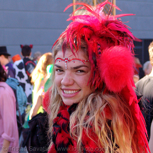 red feather costume - burning man decompression, woman