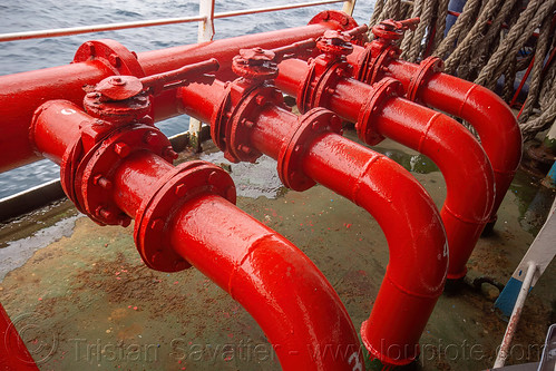red fire hydrant pipes on ferryboat, boat, dharma ferry, ferryboat, pipes, red, ship
