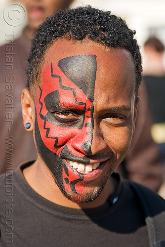 red tribal face paint - half-face, african american man, black man, half face, red, tribal facepaint