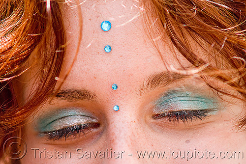 redhead - blue bindis - closed eyes - yulia (san francisco), bindis, eye shadow, eyes closed, makeup, red hair, redhead, woman, yulia