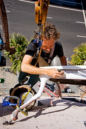 restoration of the defenestration building (san francisco), artist, brian goggin, defenestration building, hanging, man, paint, painting, restoration, rope access, ropework, safety harness, table