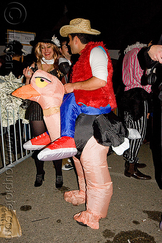 riding an inflatable ostrich - ghostship halloween party on treasure island (san francisco), costume, ghostship 2009, halloween, inflatable, man, ostrich, party, riding