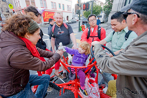 riding the conference bike, child, cobi bike, conference bike, eric staller, human powered, kid, pedal powered, red, vehicle