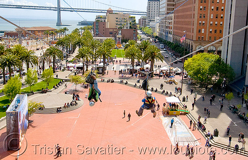 riding the zip-line over san francisco, adventure, cable line, cables, climbing helmet, embarcadero, hanging, jessika, mountaineering, steel cable, tower, trolley, tyrolienne, urban, woman, zip line, zip wire